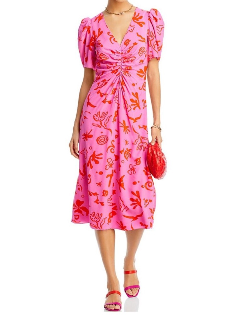 NWT RHODE Maci Dress in Pink Botanical Print with Puff Sleeve and Ruching